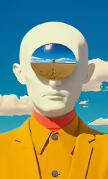 a man with a yellow coat, and white face with a window reflection in the middle