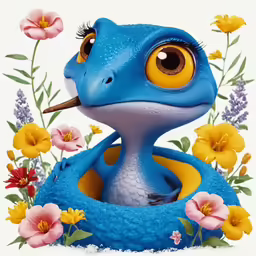 a blue dragon sits in a flowered nest