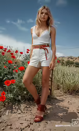 a woman with short shorts and sandals standing by some flowers