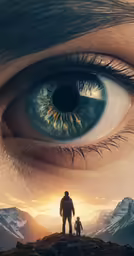 an eye looking at a man holding a child with the background of a mountain