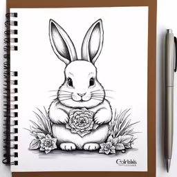 a drawing of a rabbit holding a rose in its lap