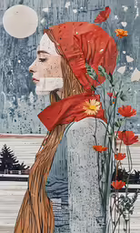an art piece depicting a girl with flowers