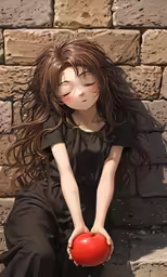 a person sits on the ground with an apple