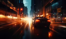 a red car is driving through a city at night