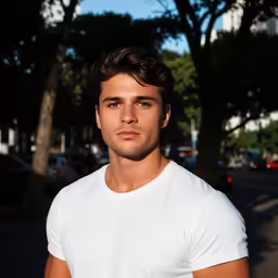 a man stands with his arms around himself and wearing a white tee