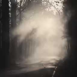 the street and trees with lots of fog