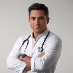 the doctor poses for the camera in his white suit