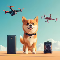 a dog is standing next to some electronics