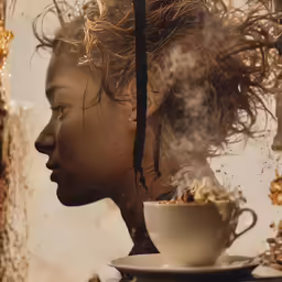 a woman drinking coffee in her kitchen with steam rising from her face