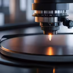 a microscope sits atop the side of a table