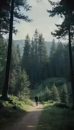 a hiker is walking in the forest path