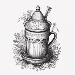 a hand drawn drawing of a tea pot and a cup,a teapot and plate with flowers on it