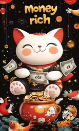 a cartoon character with money in a vase and an image of a fish with goldfish