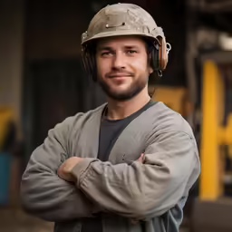a man wearing a hard hat and a gray cardigan sweater stands with his arms folded in front of his chest