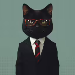 a black cat with red glasses and a suit
