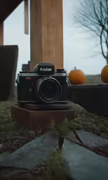 a camera on the ground with other pumpkins in the background