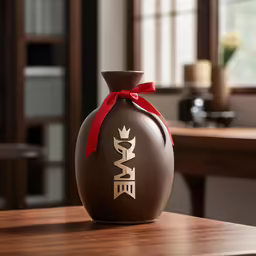 the bottle has a red bow on it