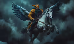 a painting of an angel riding a horse