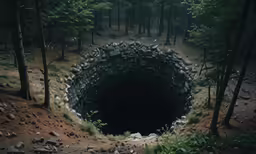 a deep cave in the middle of a forest