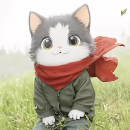 the toy cat is in a suit and scarf