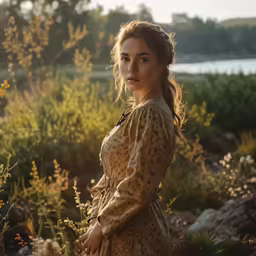 a beautiful young lady standing outside next to some trees