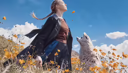a woman with a coat and glasses standing next to a wolf