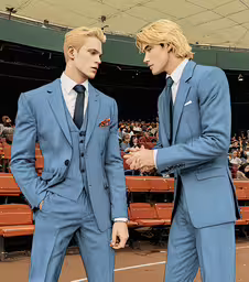 two men wearing blue suits are shaking hands,two men in suits are walking on the tennis court