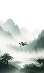 a small plane is flying over some trees
