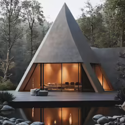 a triangular shaped building by the water with chairs