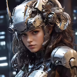 a woman dressed in a robot suit with a mechanical helmet