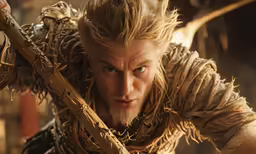 a man dressed as a warrior holding a spear and making a face