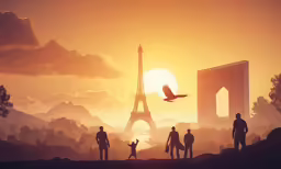 a group of people walking near a tower
