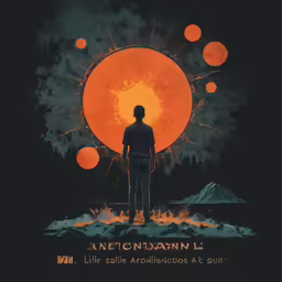a poster with a man standing in front of the sun