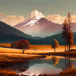a beautiful view of a snowy mountain range and pond,a grassy field with trees and water near a snow - capped mountain
