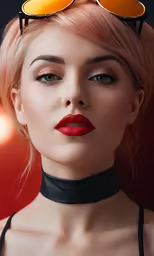 a girl with red lipstick and glasses