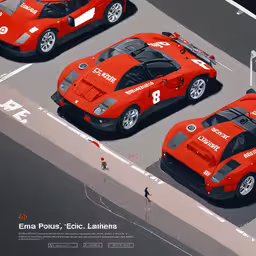three red sports cars on parking lot, from top view,a series of three pictures of two red race cars