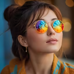 a woman with a ponytail wearing round sunglasses