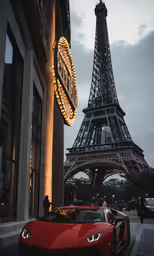 a red car sits in front of a tall tower