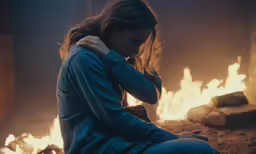 a young woman sits on the ground in front of a fire
