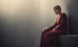a woman in a long dress, seated on a wall, wearing red