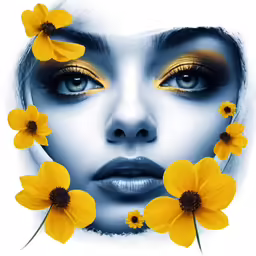 a woman with bright makeup and flowers around her face