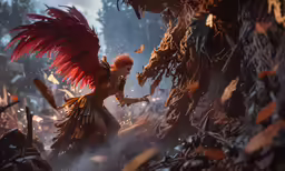 a red haired girl with long wings in an out door area