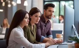three people at a desk on the computer
