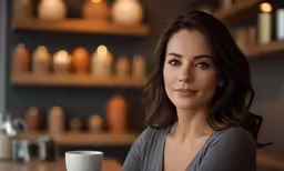 a close up of a woman sitting at a table with a coffee cup