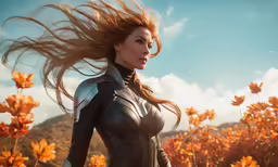 a female model with her hair flying high above the sky