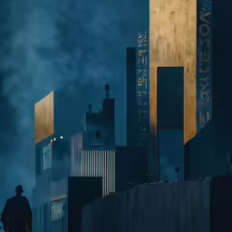 a dark city skyline with skyscrapers, smoke and buildings