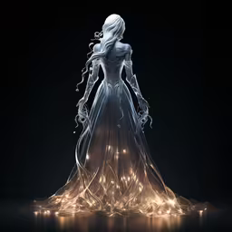 a very pretty girl with long hair wearing a white dress,a woman with white hair and dress in dark background