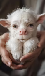 a white and furry sheep is being held in some hands