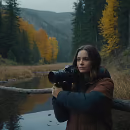 a woman holding a camera taking a photo in the woods