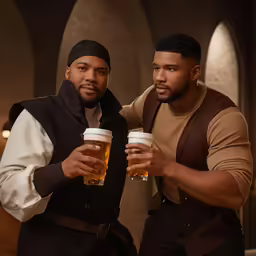 two men holding cups of beer together